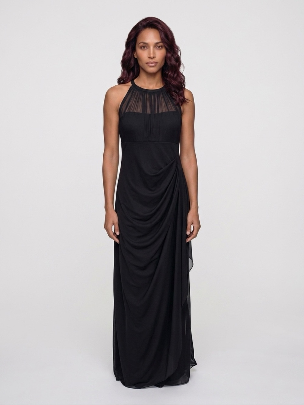Davids Bridal Chiffon High Neck Maxi Dress Formal Gown Womens 18 Black Gathering